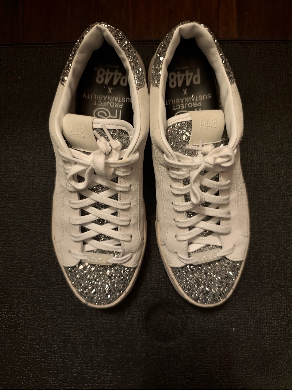 P448 White Sneakers with Silver Glitter Toe and Heel Accents